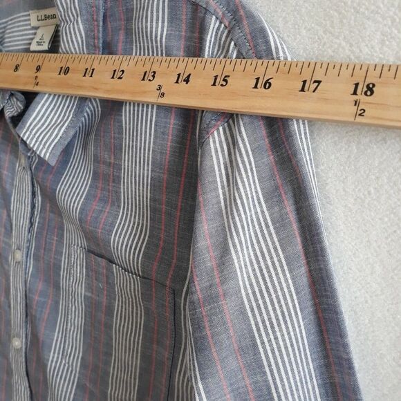 LL Bean Button Down Shirt Women Large Blue White Peach Stripes Long Sleeve - Picture 5 of 10